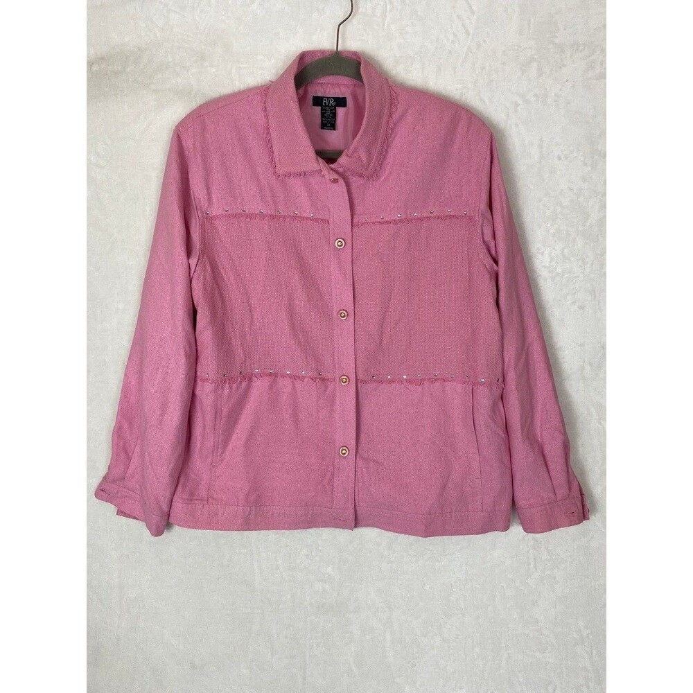 EVR Womens 100% Silk Button Front Jacket Medium Pink Collared Lightweight Bling